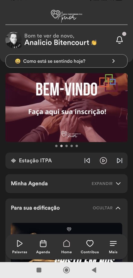 Tela do aplicativo da Igreja Transformados pelo Amor